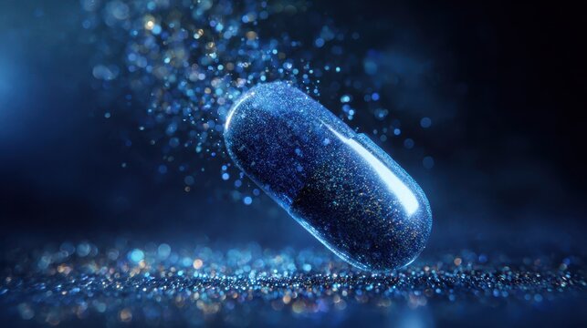 Conceptual image of a blue medicine pill capsule dissolving into glowing glitter particles and stardust against a dark background.