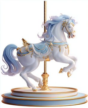 A blue and white carousel horse on gold metal stand and base isolated on a white 