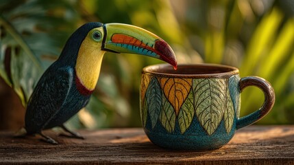 Fototapeta premium A decorative scene featuring a colorful toucan bird sculpture looking into a hand-painted ceramic mug with a green and yellow leaf design on a wooden surface.