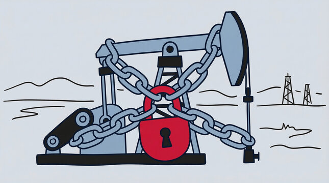An impactful illustration depicting an oil pump shackled by heavy chains and a prominent red padlock, symbolizing global energy restrictions