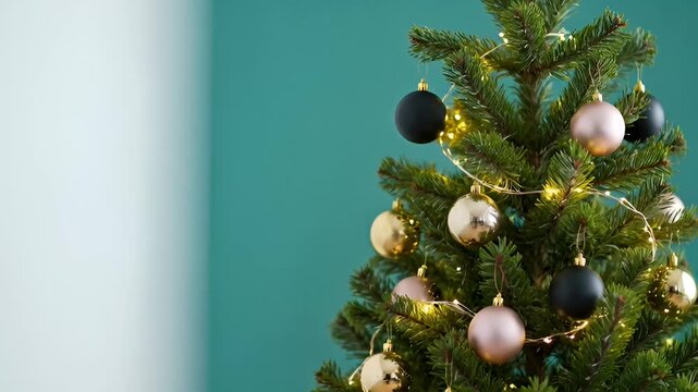 Christmas tree decorated with ornaments and lights against a teal background.