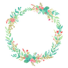 Obraz premium Watercolor Floral Wreath Frame with Pastel leaf green Botanical Flowers transparent background
