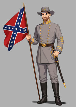072-06-Confederate soldier wearing grey uniform, holding a confederate battle flag and saber