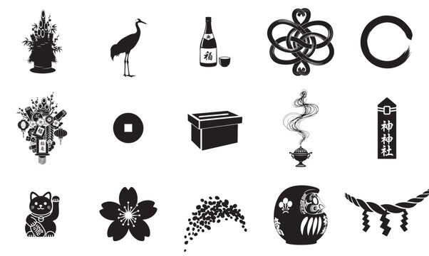 Collection of traditional japanese symbols and cultural elements in black