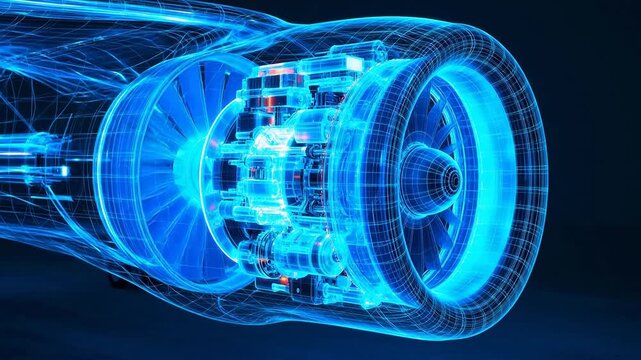 Blue wireframe jet engine