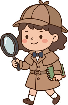Kid detective investigating clues with magnifying glass cartoon illustration