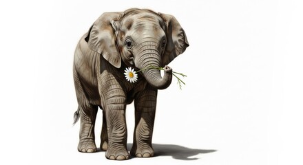 Fototapeta premium Digital illustration of a cute baby elephant holding a daisy flower