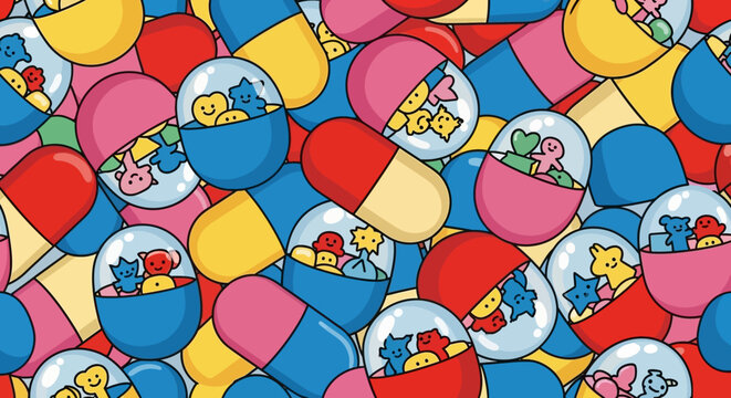 Colorful capsule toys with cute animal figures inside, playful pattern