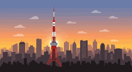 Obraz premium Tokyo Tower Skyline at Sunset, Iconic Landmark in Japan Cityscape