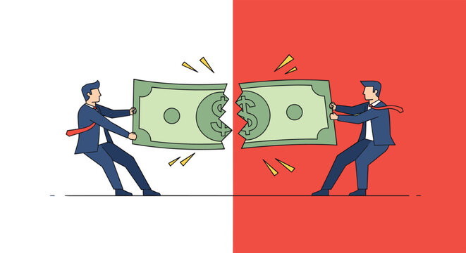 Two businessmen in tug of war tearing a dollar bill representing financial conflict, greed, and division of business assets.