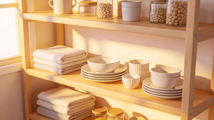 Wooden shelving unit neatly arranged with tableware, folded towels, and glass jars of legumes in warm natural light