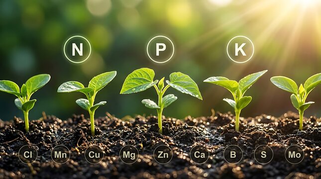 Young green plant seedlings growing in soil with essential nutrient symbols N P K and trace elements for healthy agriculture