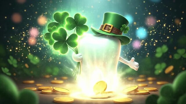 Tooth character with leprechaun hat holding a quatro trevo. St. Patricks Day celebration with shiny gold coins and lucky shamrocks for dental health.