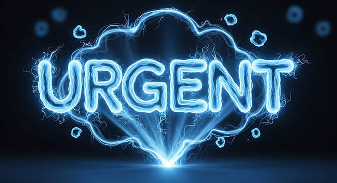 dynamic glowing blue urgent word electrifyingly displayed against a dark background symbolizing critical alerts and high priority