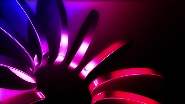 Futuristic abstract neon disk rings in pink and purple glow with glossy 3D metallic surfaces motion background design. Vibrant abstract composition of glossy 3d neon disk in pink and purple hues.