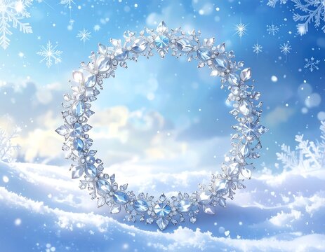 A serene winter scene with a sparkling crystal wreath
