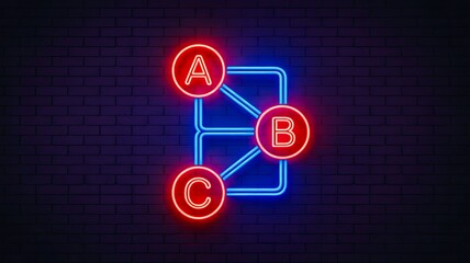 Obraz premium Glowing neon network connection diagram with letters on dark brick wall background representing data structure