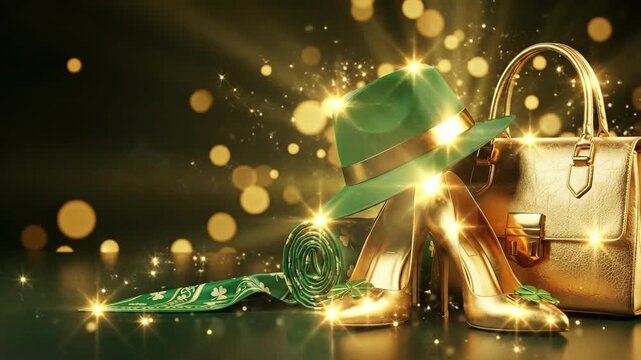 Green hat, golden shoes, handbag, and scarf on dark background with bokeh. St. Patrick Day festive celebration of prosperity and luck.