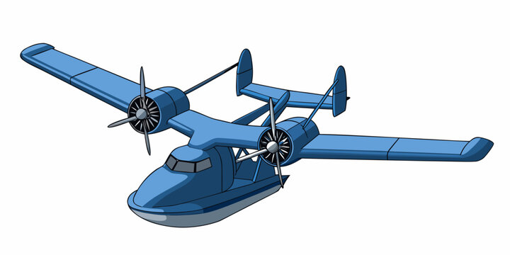 Cartoon illustration of a blue twin engine seaplane with propellers