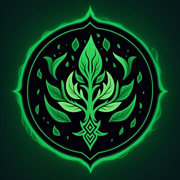 Stunning luminous green botanical emblem design for wellness brands, eco-friendly products, and organic marketing, vibrant and glowing, nature inspired