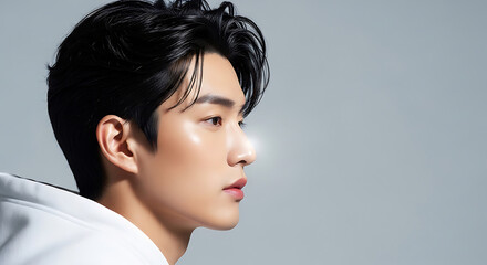Fototapeta premium young asian man profile with clear glowing skin dark hair wearing a white hoodie against a simple grey background.