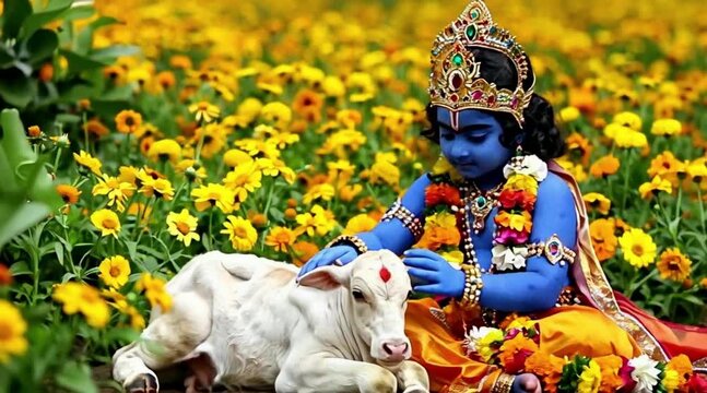 Baby Krishna with sacred cow in flower field, Hindu devotional and Janmashtami concept