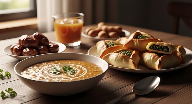 a traditional middle eastern iftar meal featuring lentil soup dates and spinach fatayer on a rustic wooden table