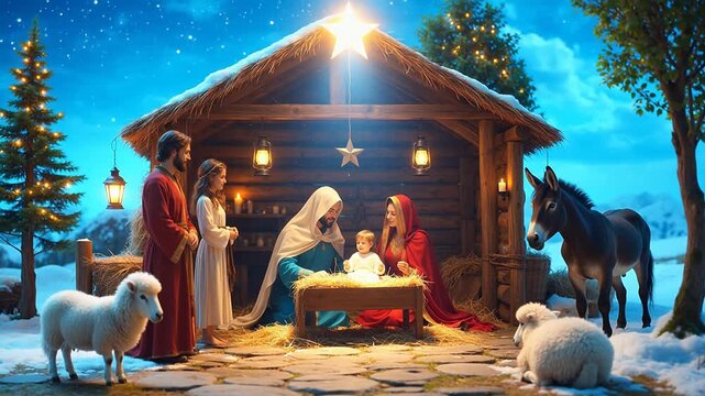 Nativity scene with figures and animals in snowy setting