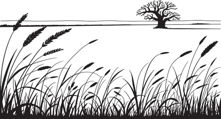 Silhouette of various grasses and lone tree in natural outdoor landscape © Shapla