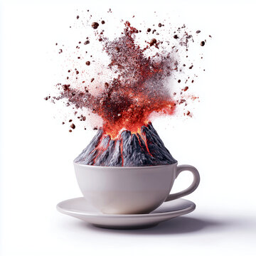 A white porcelain coffee cup on a small plate with a volcano erruption throwing ash in the air instead of coffee as a concept of natural disasters and influence of environment changes to life