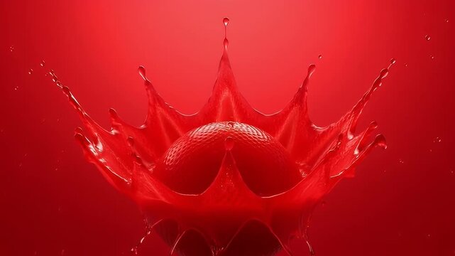 Dramatic splash of thick red liquid enveloping a textured round fruit