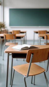 An empty classroom in a school with wooden desks and chairs, a green board in the center on the wall and an open book on the table on the blurred background