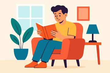man playing reading at home flat illustration