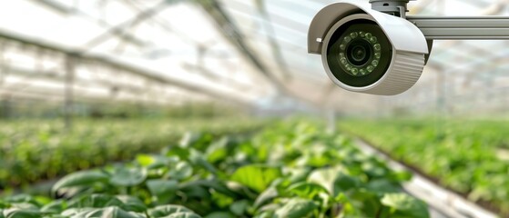 Naklejka premium Surveillance camera monitoring greenhouse plants.