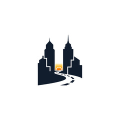 Obraz premium Modern City Skyline and Winding Road Logo with Sunrise or Sunset Graphic on Isolated White Background.