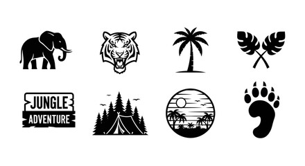Jungle themed icons featuring animals plants and adventure silhouette © Md