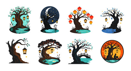 Fototapeta premium Stylized tree designs with lanterns and moons a dramatic silhouette
