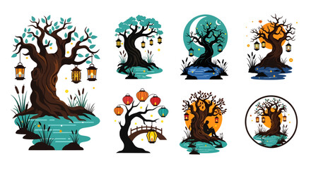 Collection of mystical trees with lanterns and moon a striking silhouette © Md