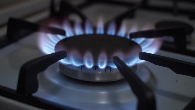 A gas flame on a stove in the kitchen. Symbol for the use of natural gas as an energy source.