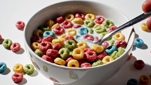 Colorful cereal in milk with spoon.