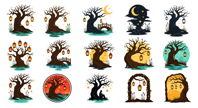 Magical trees with glowing lanterns and moonlit scenes a silhouette