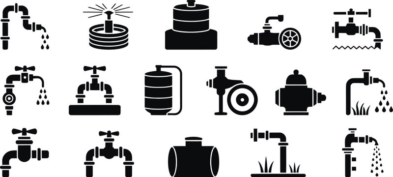 Black and white plumbing pipes faucets valves