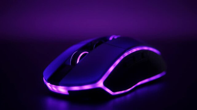 Ergonomic wireless gaming mouse with programmable buttons and glowing purple RGB lighting