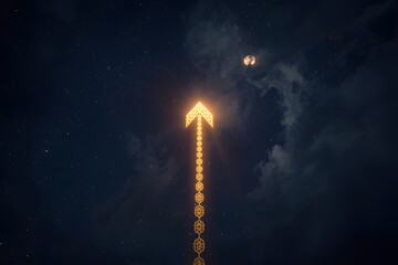 Fototapeta premium Glowing Golden Ornate Arrow Pointing Towards the Moon in a Starry Night Sky