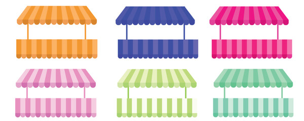 Striped Shop Awnings Set: Vector Illustration of Vintage Market Canopies Isolated on Light Background © shoab