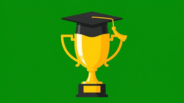 Golden Graduation Trophy with Cap on Green Background.