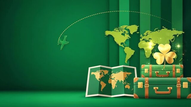 Green background with traveling elements and golden shamrock. Vacation theme background for Saint Patrick day. Travel concept backdrop.