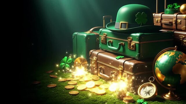 Green leprechaun hat gold coins shamrocks on suitcases. St. Patricks Day travel adventure. Symbol of luck, journey, and Irish tradition.