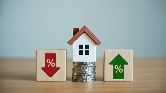 Real estate interest rate increase and decrease concept with house model percentage symbols and stacked coins