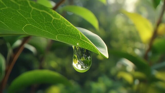 Close Up Of Water Droplet On Green Leaf With Blurred Forest Background Soft Sunlight